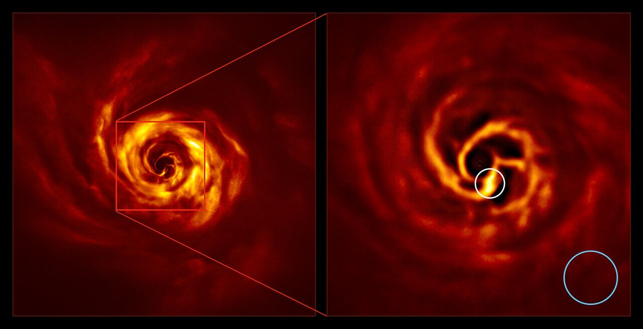 Image: SPHERE images of the AB Aurigae system (side by side, annotated).
